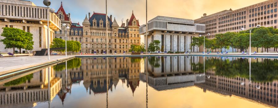 Albany, New York, USA at the New York State Capitol at dusk.